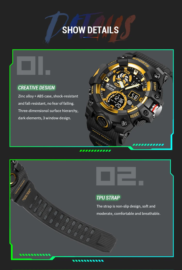Men’s Dual Time Sport Watch – 50m Waterproof, Shock Resistant Digital Watch
