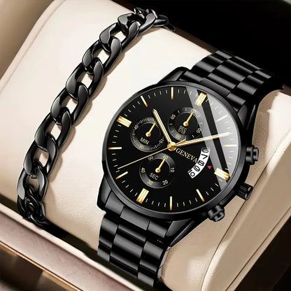 ⌚ Men’s  Stainless Steel Quartz Watch – Classic Business Style with Calendar Display
