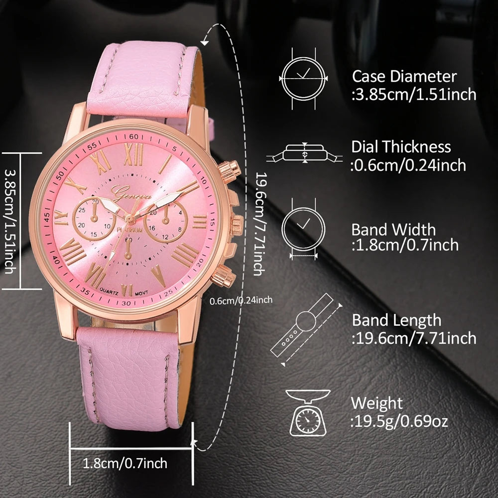6PCS Pink Watch & Bracelet Set for Women and Girls