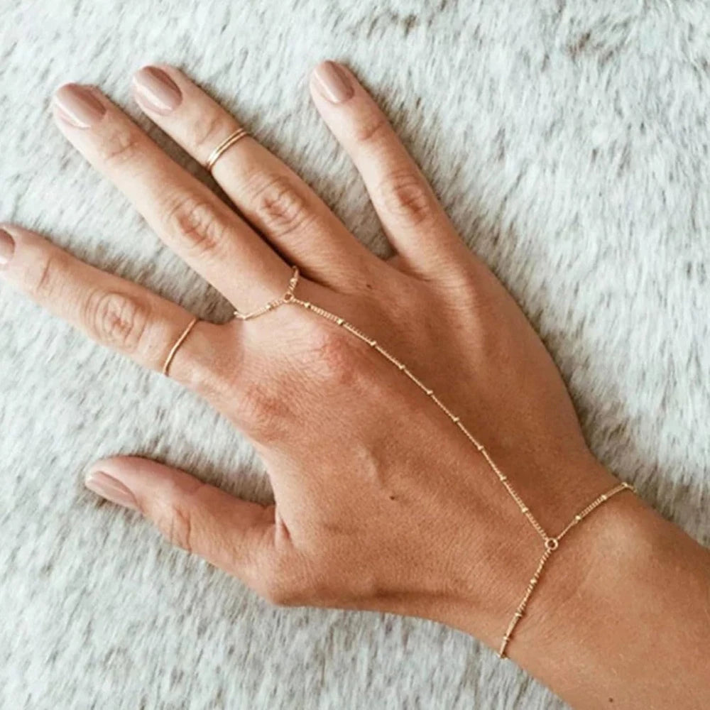 Dainty Gold-Plated Hand Chain Bracelet with Ring