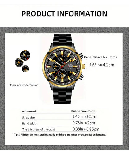 Luxury Men’s Quartz Watch – Gold Needle, Steel Band, Calendar Display Classic Business & Casual Style