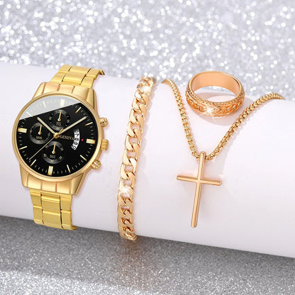 ⌚ Men’s  Stainless Steel Quartz Watch – Classic Business Style with Calendar Display