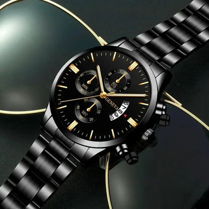 ⌚ Men’s  Stainless Steel Quartz Watch – Classic Business Style with Calendar Display