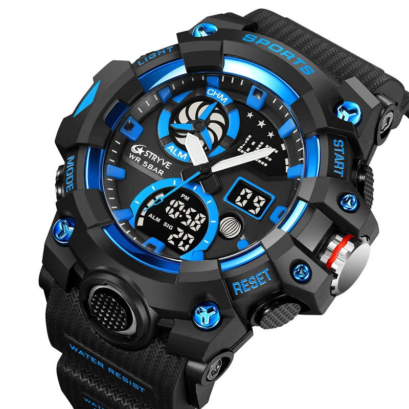Men’s Dual Time Sport Watch – 50m Waterproof, Shock Resistant Digital Watch