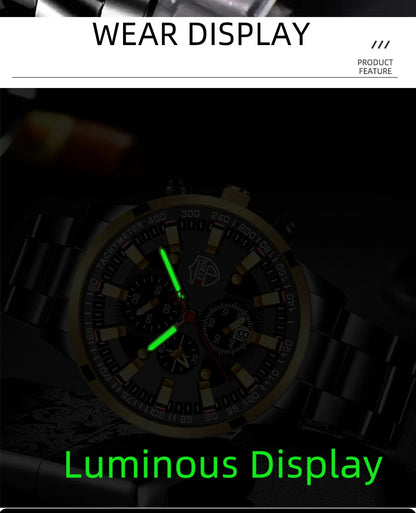 Luxury Men’s Quartz Watch – Gold Needle, Steel Band, Calendar Display Classic Business & Casual Style