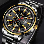 Luxury Men’s Quartz Watch – Gold Needle, Steel Band, Calendar Display Classic Business & Casual Style