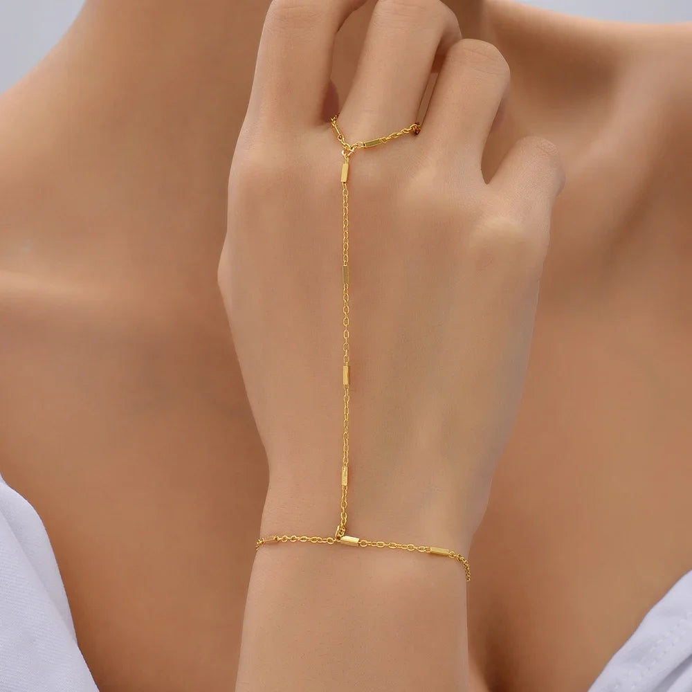 Dainty Gold-Plated Hand Chain Bracelet with Ring