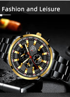 Luxury Men’s Quartz Watch – Gold Needle, Steel Band, Calendar Display Classic Business & Casual Style