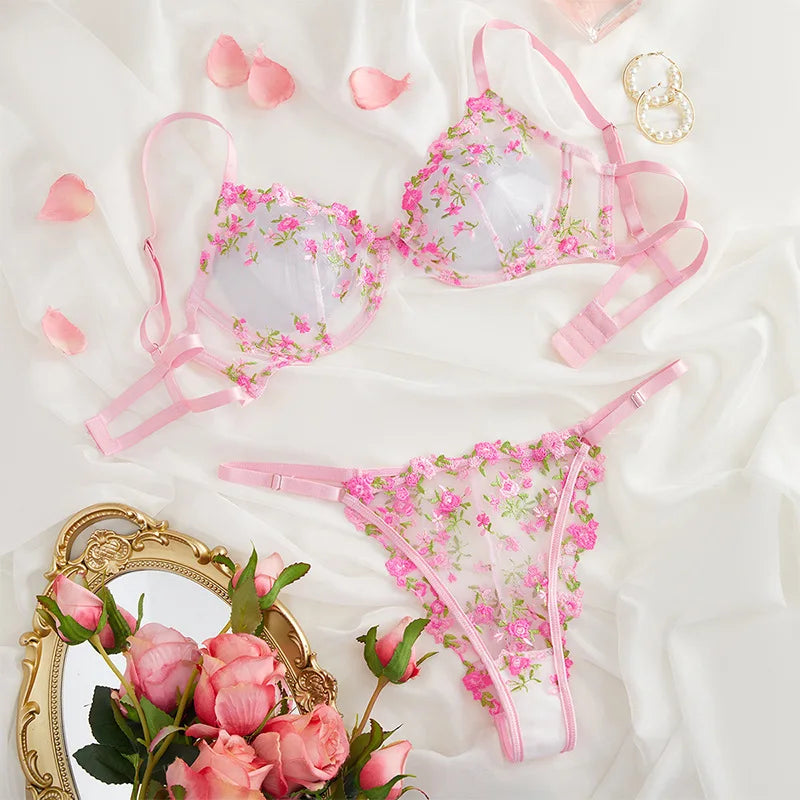 Bra and Brief Set – 2-Piece Sexy Floral Embroidery Lingerie