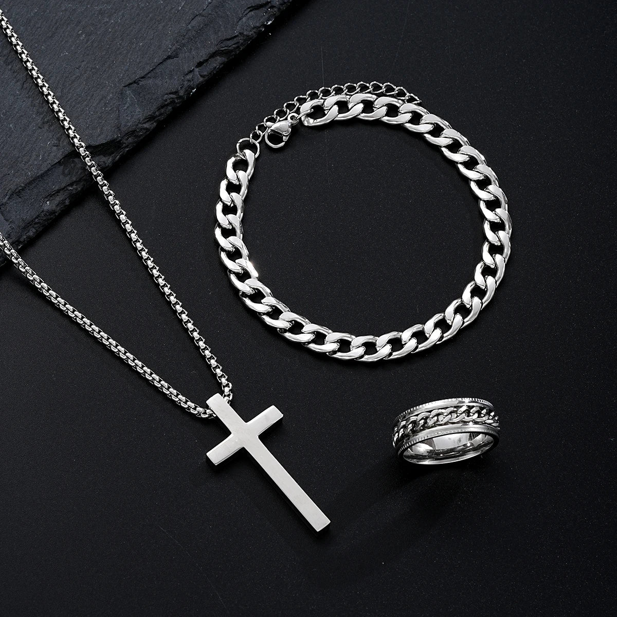 3PCS Stainless Steel Jewelry Set – Bracelet, Necklace & Ring | Unisex