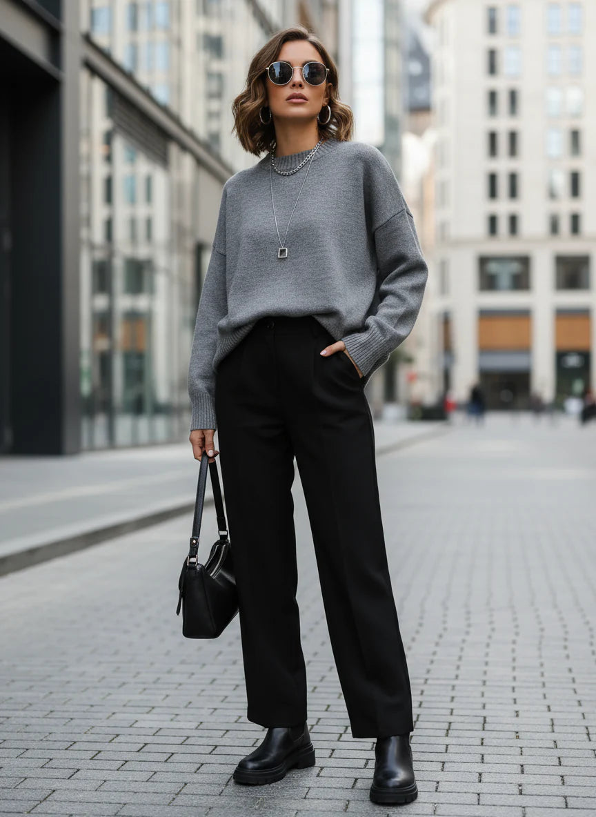 Classic Knit Pullover - Solid Round Neck Sweater