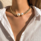 Women’s Vintage Punk Cuban Chain Choker Necklace with Gothic Pearl Pendant