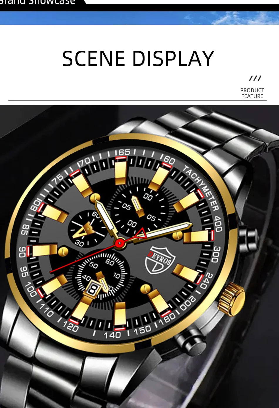 Luxury Men’s Quartz Watch – Gold Needle, Steel Band, Calendar Display Classic Business & Casual Style