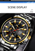 Luxury Men’s Quartz Watch – Gold Needle, Steel Band, Calendar Display Classic Business & Casual Style