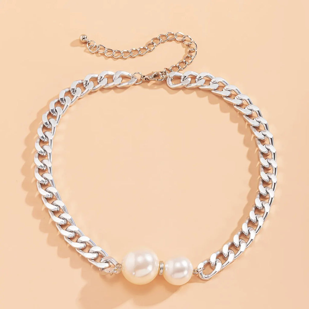 Women’s Vintage Punk Cuban Chain Choker Necklace with Gothic Pearl Pendant