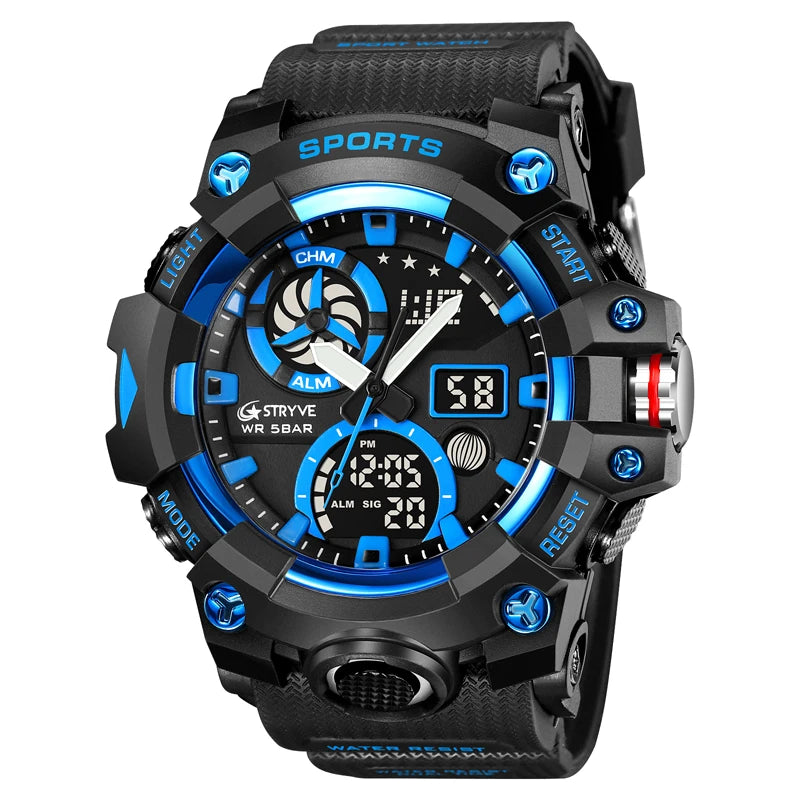 Men’s Dual Time Sport Watch – 50m Waterproof, Shock Resistant Digital Watch