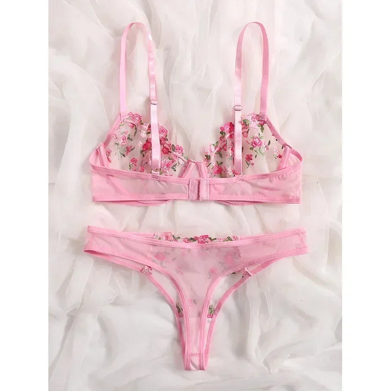 Bra and Brief Set – 2-Piece Sexy Floral Embroidery Lingerie