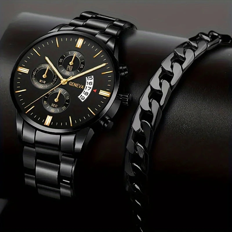 ⌚ Men’s  Stainless Steel Quartz Watch – Classic Business Style with Calendar Display