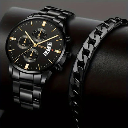 ⌚ Men’s  Stainless Steel Quartz Watch – Classic Business Style with Calendar Display
