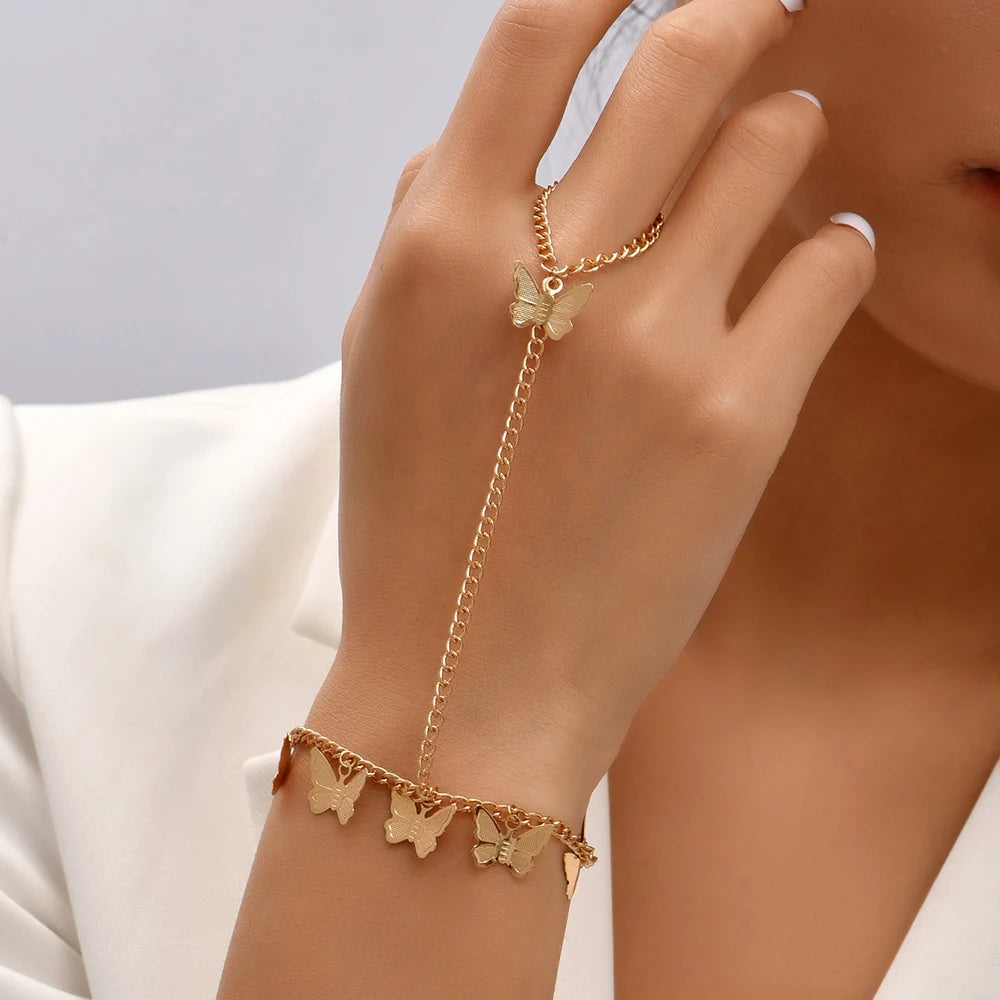 Dainty Gold-Plated Hand Chain Bracelet with Ring
