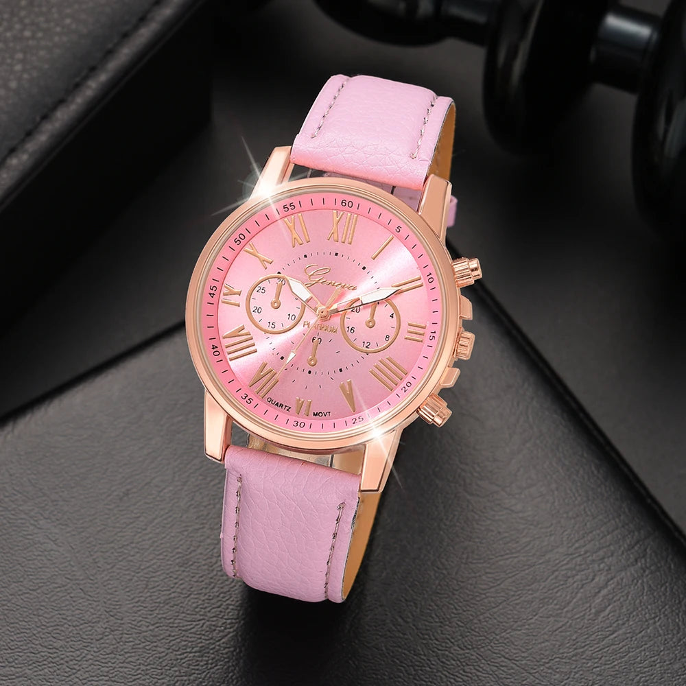 6PCS Pink Watch & Bracelet Set for Women and Girls