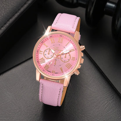 6PCS Pink Watch & Bracelet Set for Women and Girls