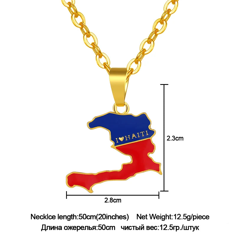 Gold Haiti Map & Flag Pendant Necklace