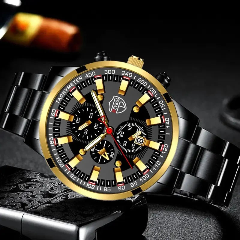 Luxury Men’s Quartz Watch – Gold Needle, Steel Band, Calendar Display Classic Business & Casual Style