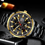 Luxury Men’s Quartz Watch – Gold Needle, Steel Band, Calendar Display Classic Business & Casual Style