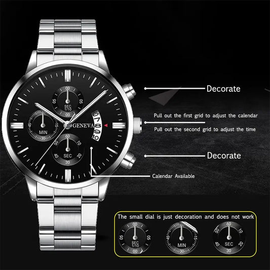 Men’s Luxury Silver Stainless Steel Watch – Quartz Business