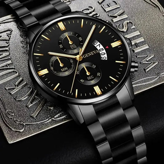 ⌚ Men’s  Stainless Steel Quartz Watch – Classic Business Style with Calendar Display