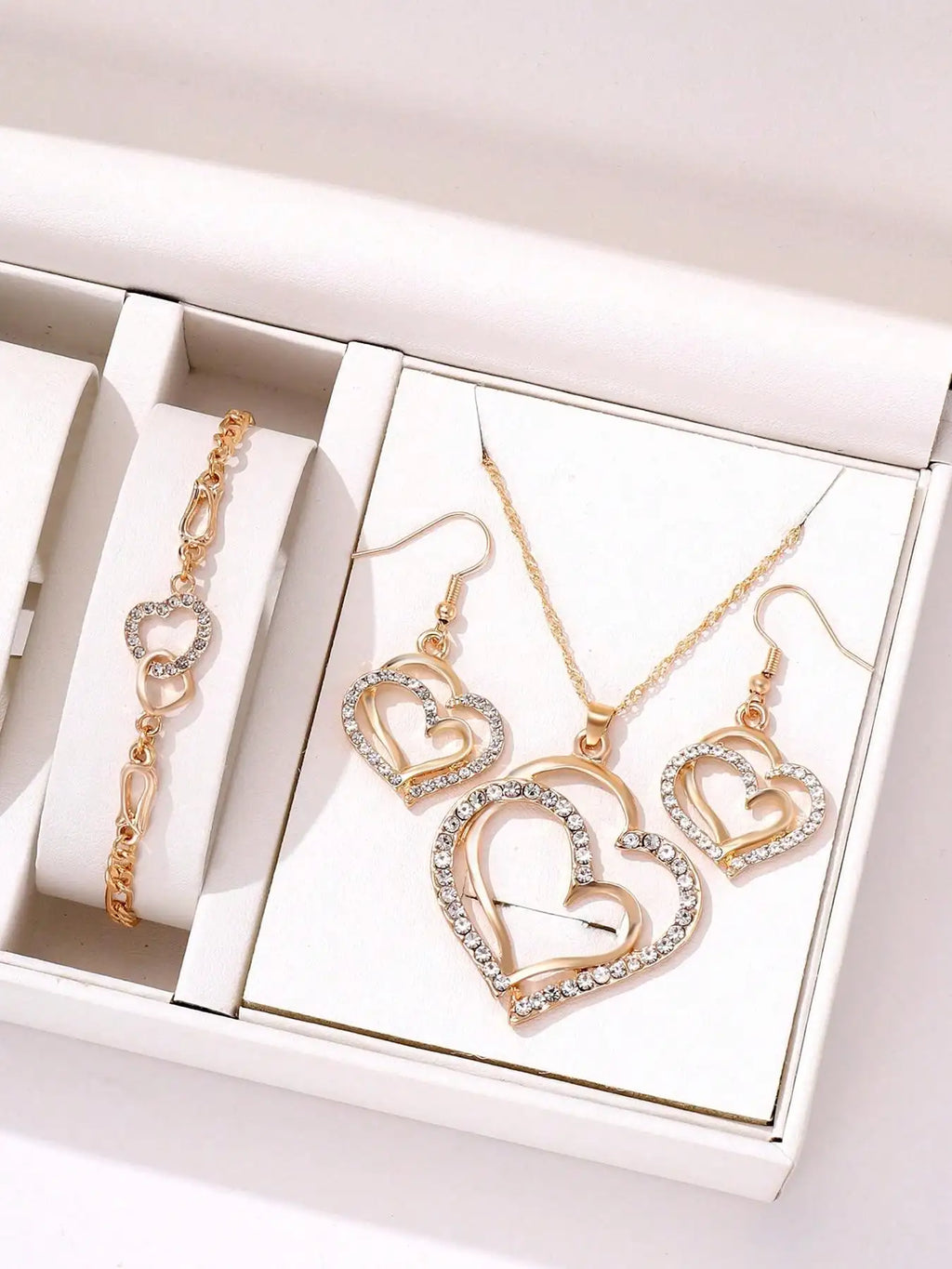 Rhinestone Double Heart Earrings & Pendant Necklace for women