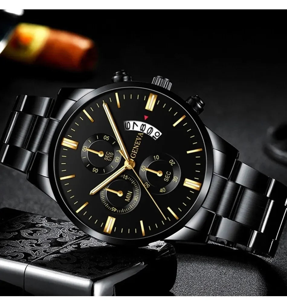 ⌚ Men’s  Stainless Steel Quartz Watch – Classic Business Style with Calendar Display