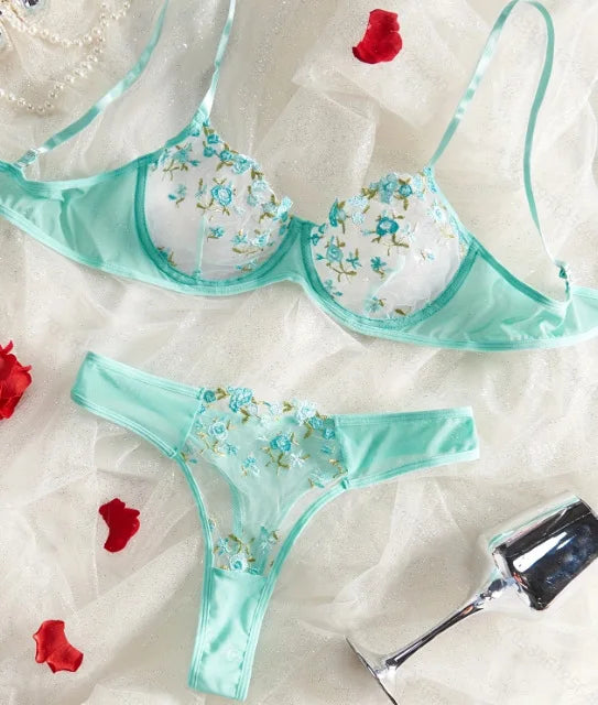 Bra and Brief Set – 2-Piece Sexy Floral Embroidery Lingerie