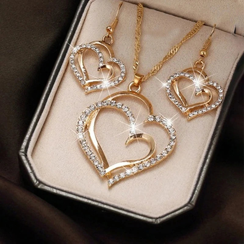 Rhinestone Double Heart Earrings & Pendant Necklace for women