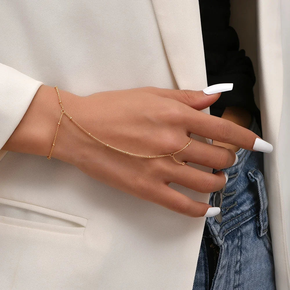 Dainty Gold-Plated Hand Chain Bracelet with Ring