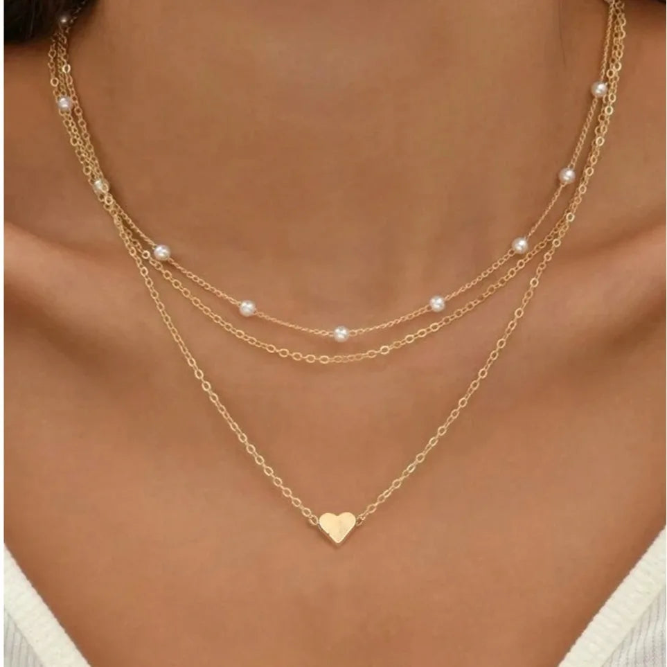 Piece Pearl & Heart Pendant Necklace Set