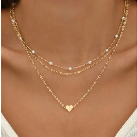Piece Pearl & Heart Pendant Necklace Set