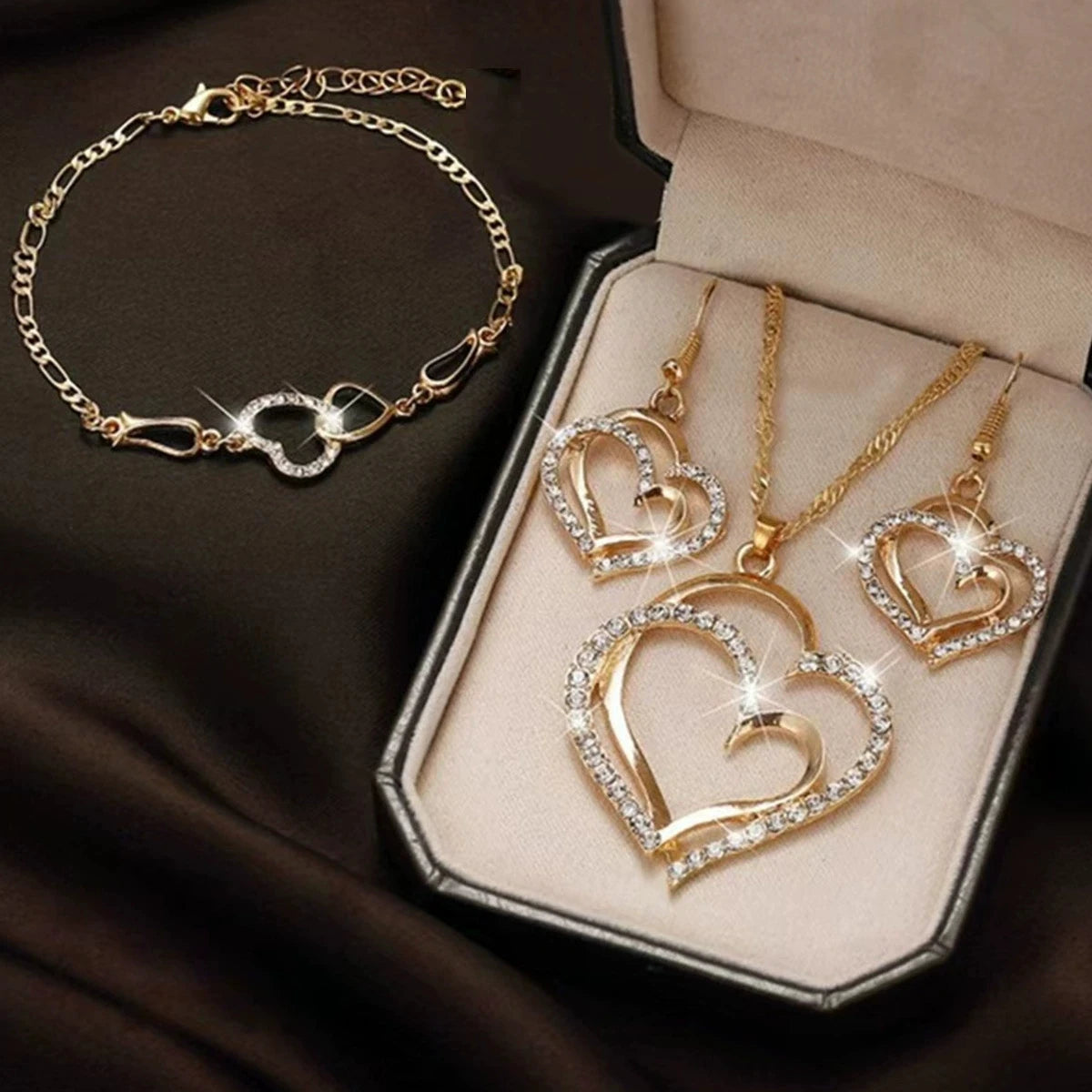 Rhinestone Double Heart Earrings & Pendant Necklace for women