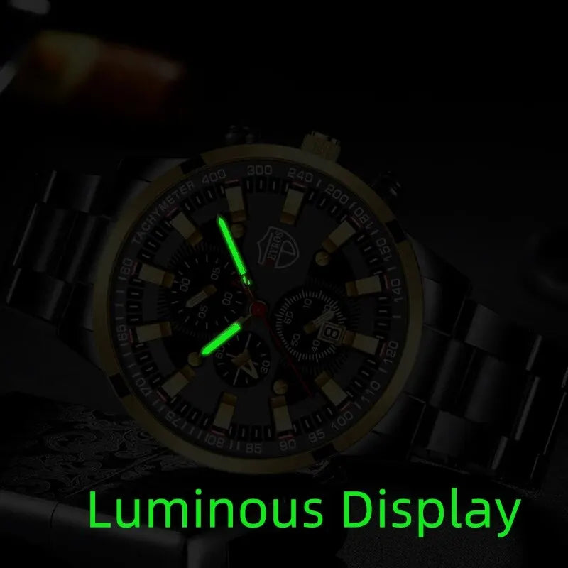 Luxury Men’s Quartz Watch – Gold Needle, Steel Band, Calendar Display Classic Business & Casual Style