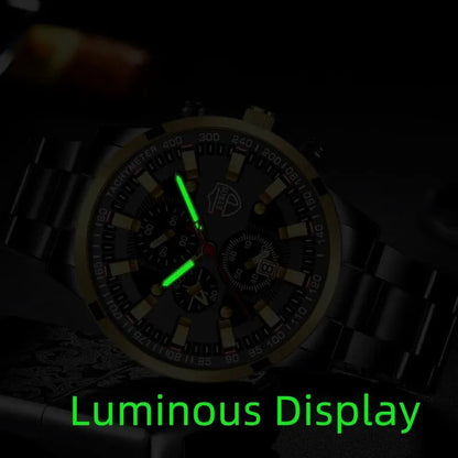 Luxury Men’s Quartz Watch – Gold Needle, Steel Band, Calendar Display Classic Business & Casual Style