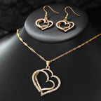 Rhinestone Double Heart Earrings & Pendant Necklace for women