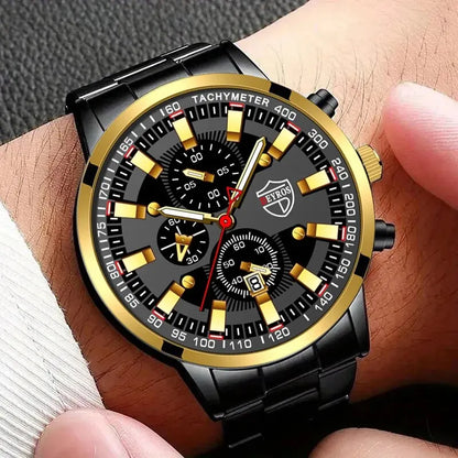 Luxury Men’s Quartz Watch – Gold Needle, Steel Band, Calendar Display Classic Business & Casual Style