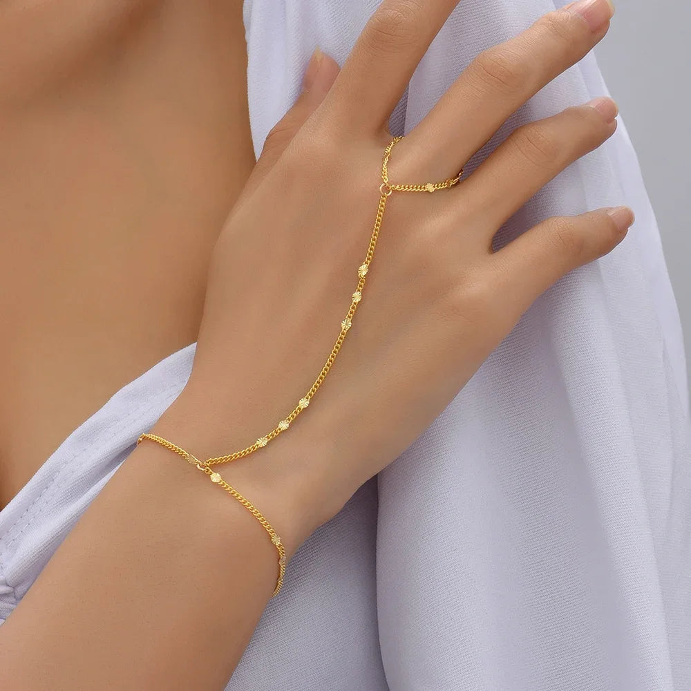 Dainty Gold-Plated Hand Chain Bracelet with Ring