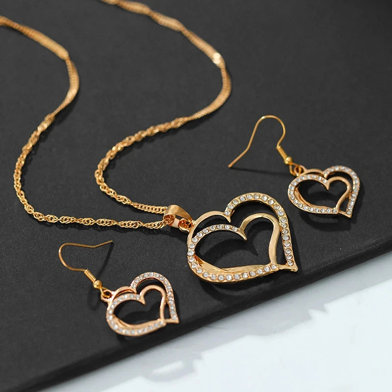 Rhinestone Double Heart Earrings & Pendant Necklace for women