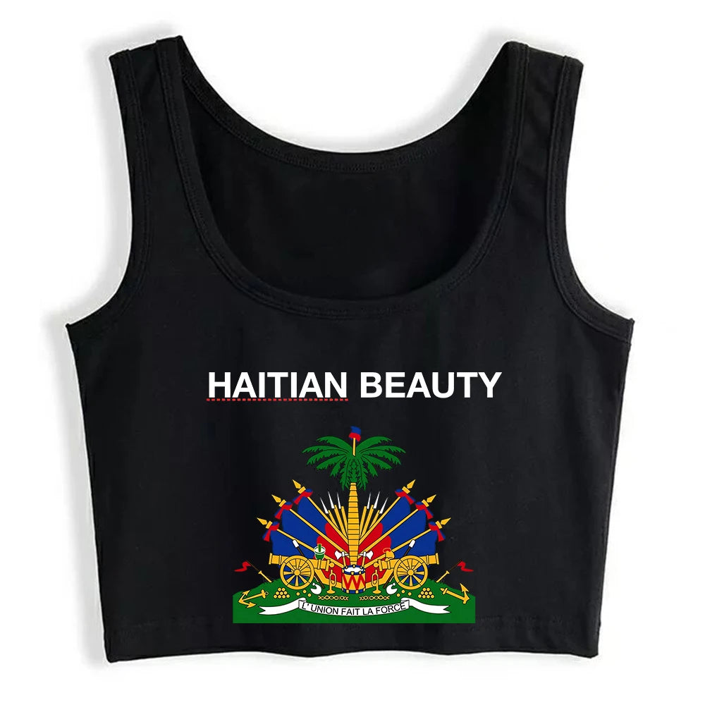 Haitian Coat of Arms Slim Fit Crop Top – Custom Cotton Tank for Women