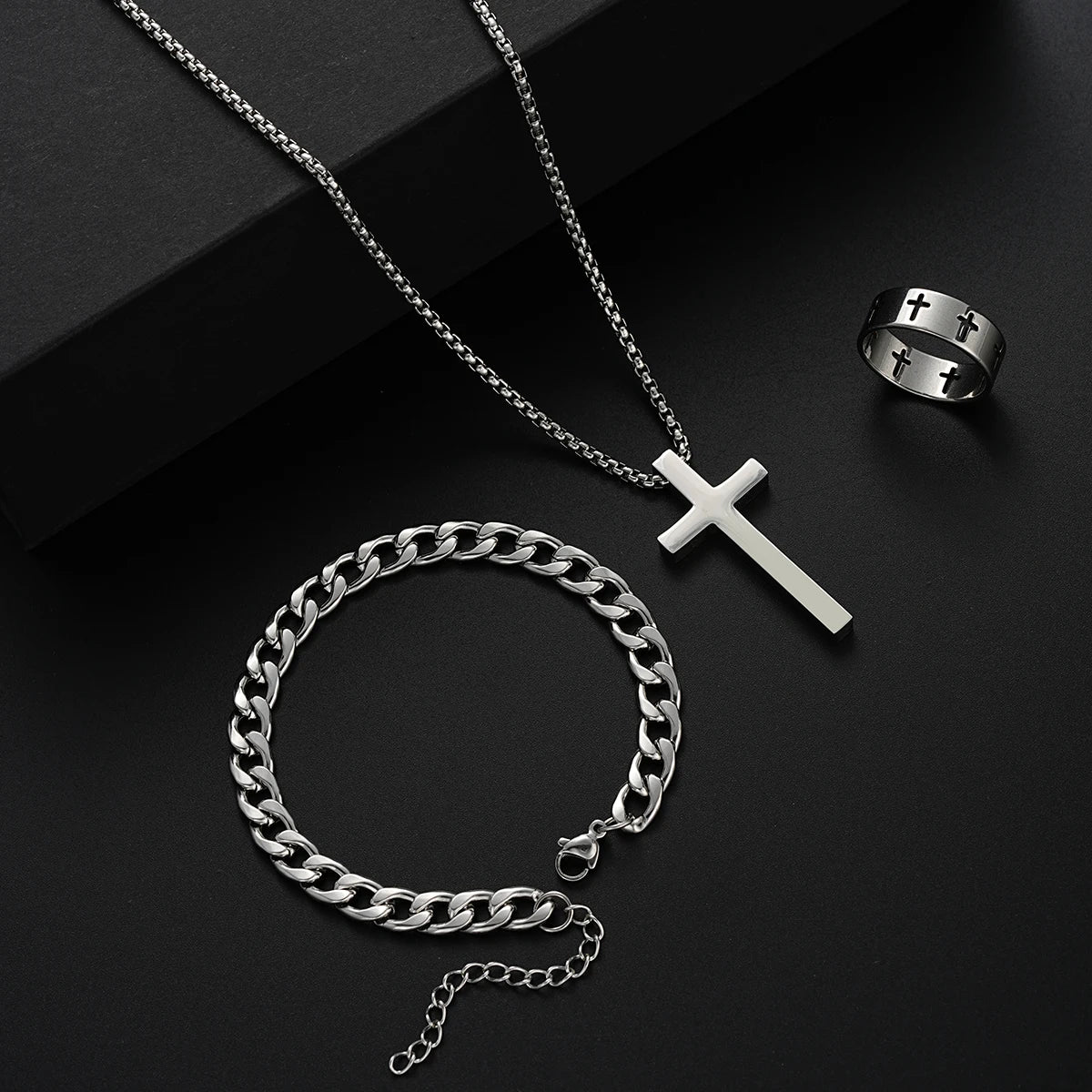 3PCS Stainless Steel Jewelry Set – Bracelet, Necklace & Ring | Unisex
