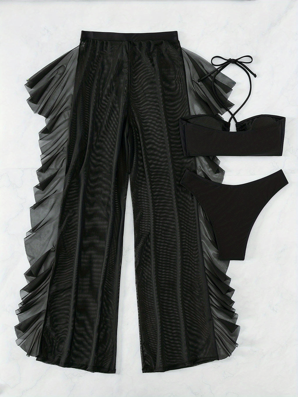 Sexy Black Mesh Bikini Set - 3-Piece Criss Cross Swimsuit for Women