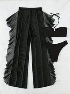 Sexy Black Mesh Bikini Set - 3-Piece Criss Cross Swimsuit for Women