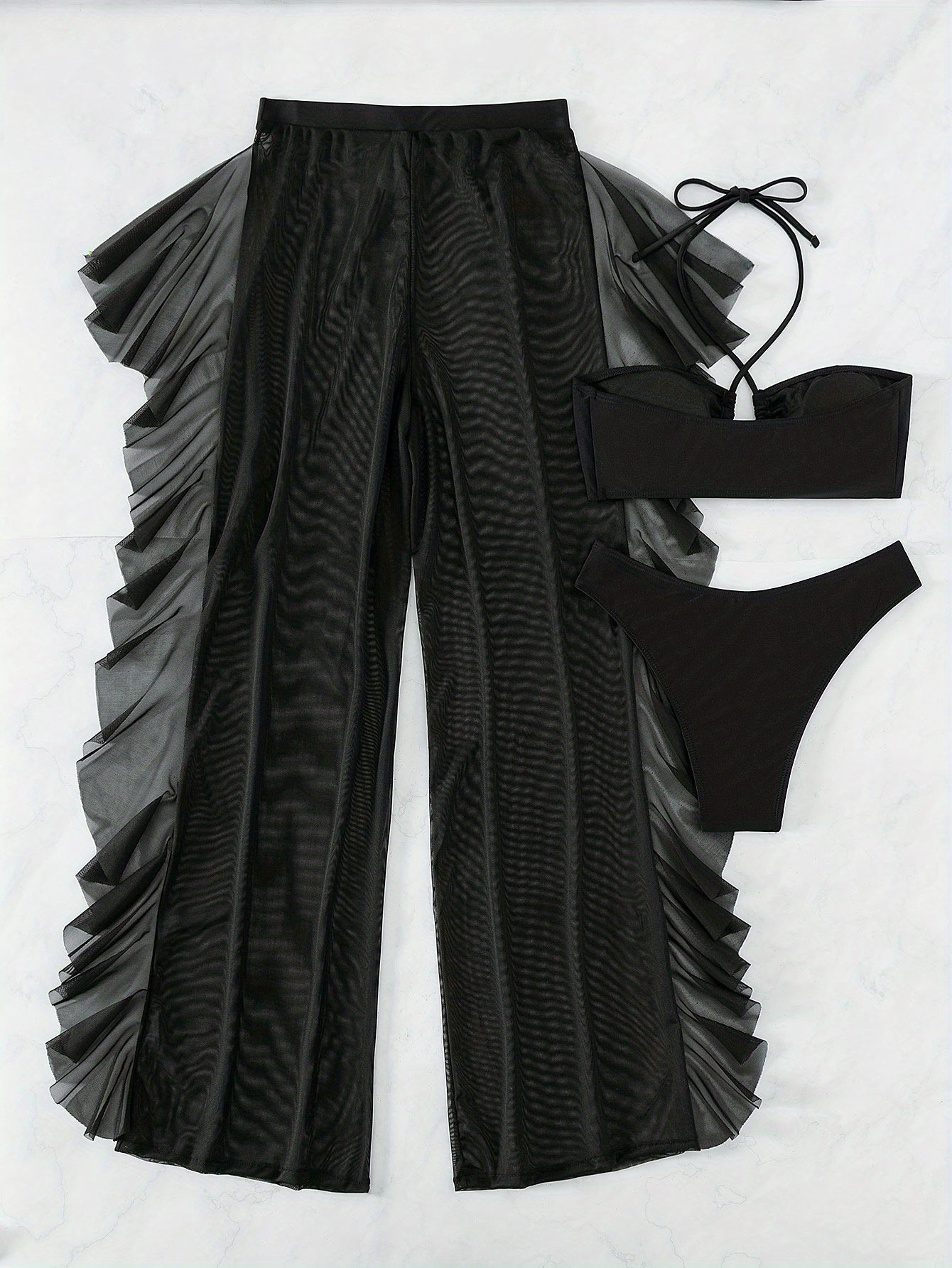 Sexy Black Mesh Bikini Set - 3-Piece Criss Cross Swimsuit for Women